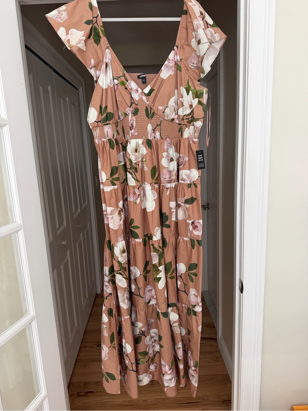Express Peach Floral Tiered Maxi Dress with White Blossoms